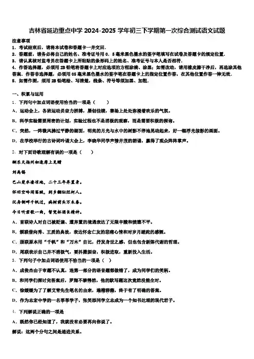 吉林省延边重点中学2024-2025学年初三下学期第一次综合测试语文试题含解析