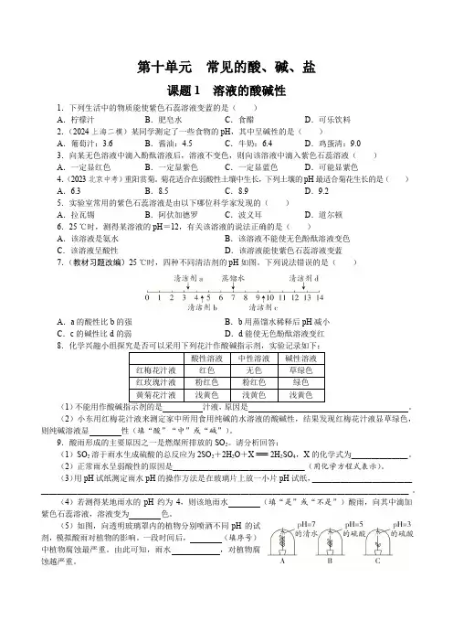 化学人教版(2024)九年级下册 10.1 溶液的酸碱性    同步练习 (含解析)  