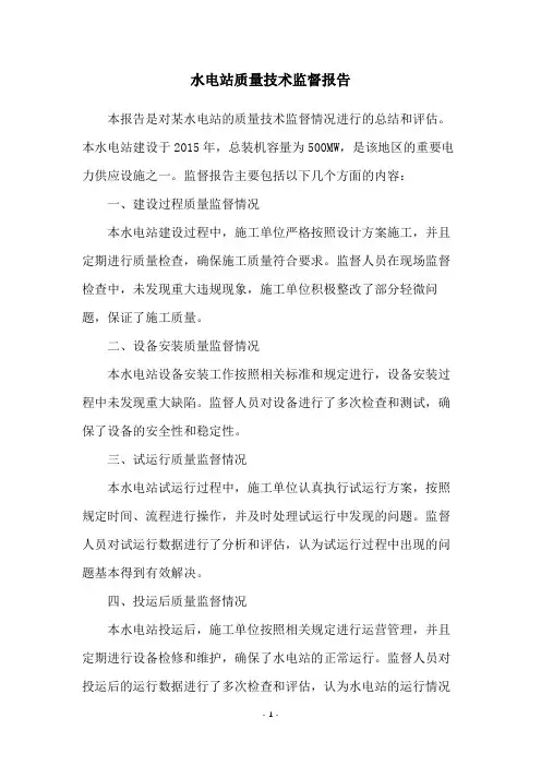 水电站质量技术监督报告