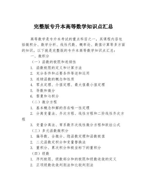完整版专升本高等数学知识点汇总