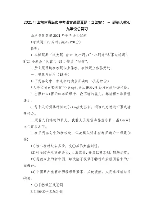 2021年山东省青岛市中考语文试题真题(含答案) -- 部编人教版九年级总复习