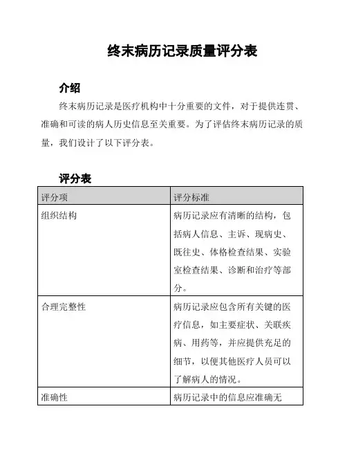 终末病历记录质量评分表