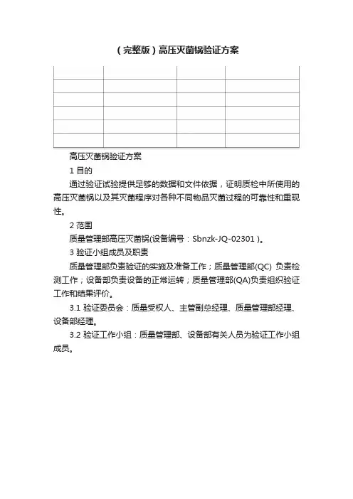 （完整版）高压灭菌锅验证方案