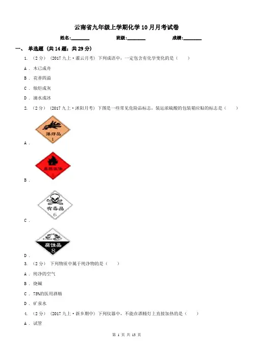 云南省九年级上学期化学10月月考试卷