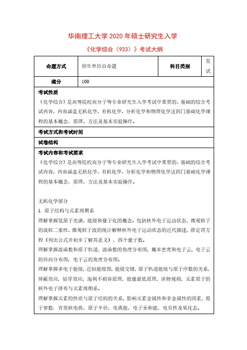2020年华南理工大学933化学综合考研复试考试大纲