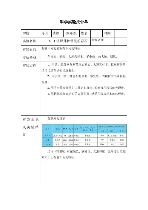 四年级下册科学3、1认识几种常见的岩石-实验报告单