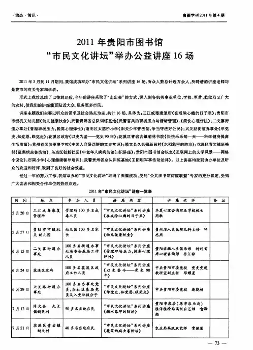 2011年贵阳市图书馆“市民文化讲坛”举办公益讲座16场