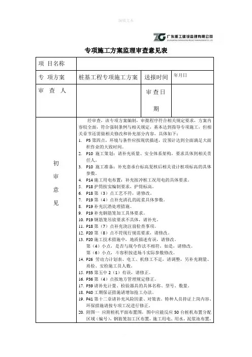 专项施工方案监理审查意见表