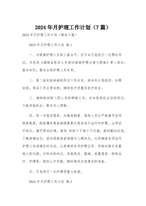 2024年月护理工作计划(7篇)