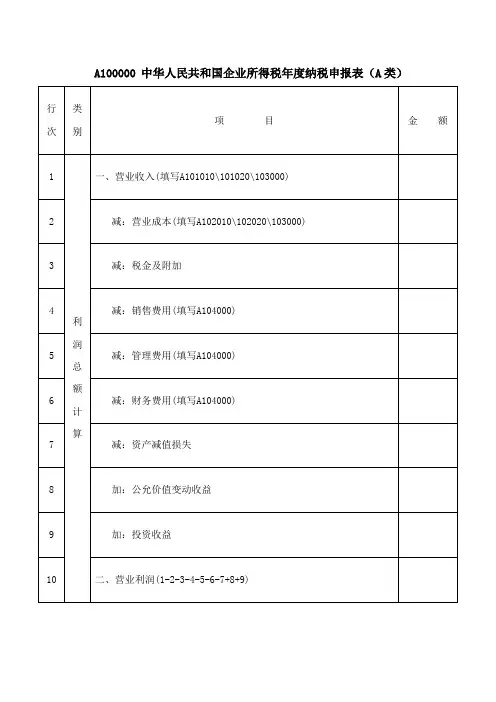 《中华人民共和国企业所得税年度纳税申报表(A类)》(A100000)