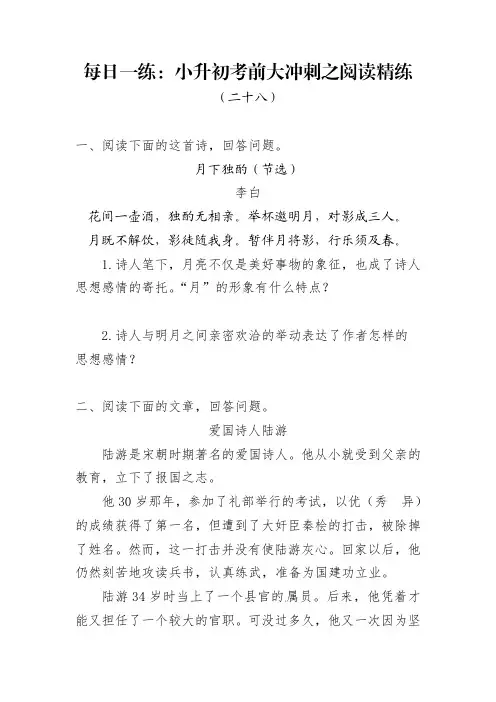 人教部编版小升初语文阅读考前每日一练(二十八)(有答案)