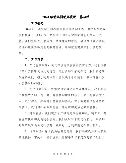 2024年幼儿园幼儿资助工作总结