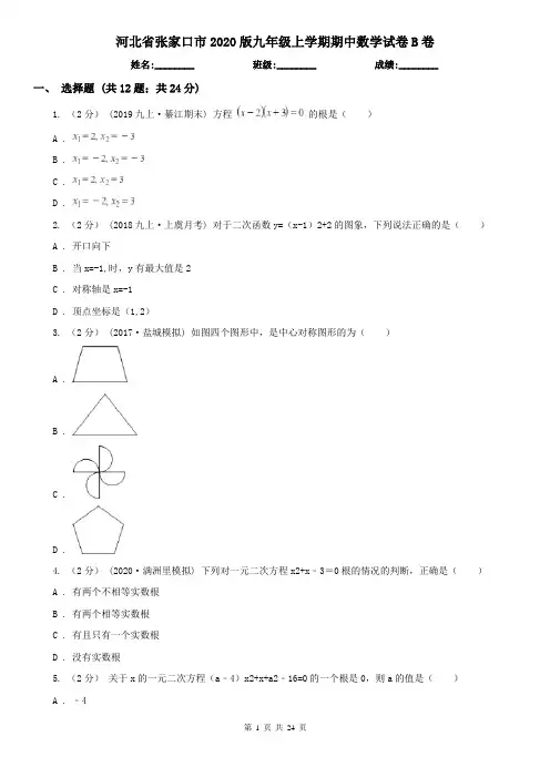 河北省张家口市2020版九年级上学期期中数学试卷B卷