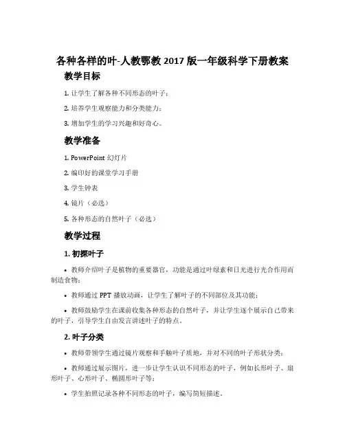 各种各样的叶-人教鄂教2017版一年级科学下册教案
