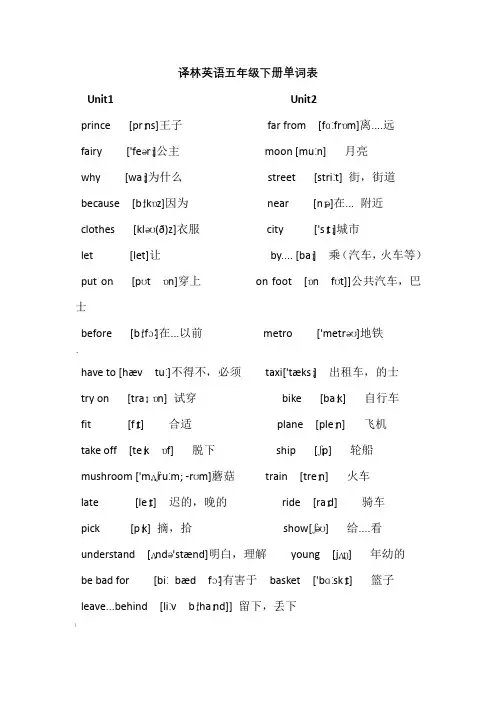 江苏译林版英语五年级上下册单词表(附音标)
