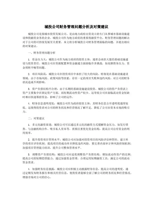 城投公司财务管理问题分析及对策建议