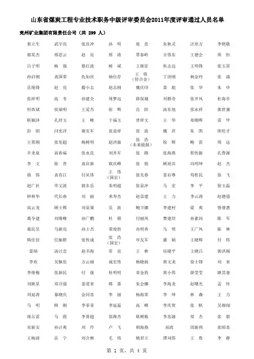 山东省煤炭工程专业技术职务中级评审委员会2011年度评审通过人员名单