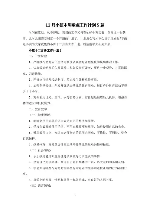 12月小班本周重点工作计划5篇