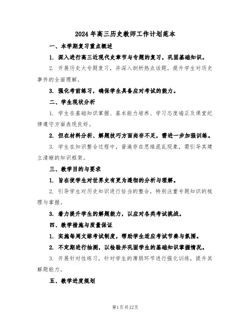 2024年高三历史教师工作计划范本（6篇）
