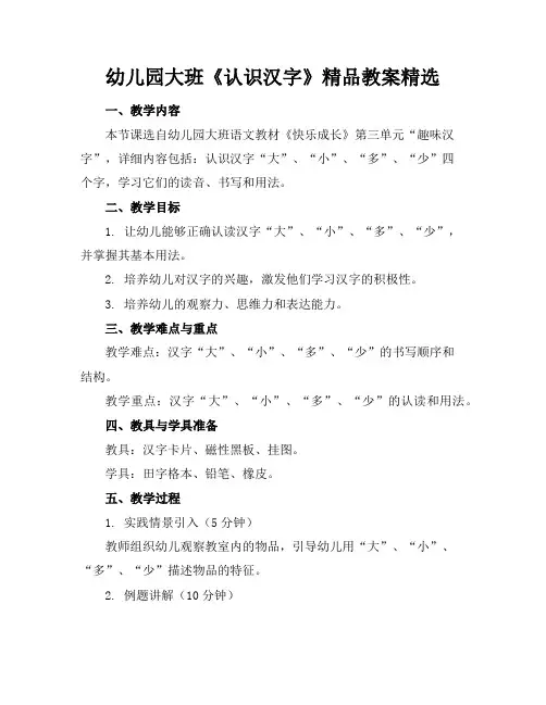 幼儿园大班《认识汉字》精品教案精选