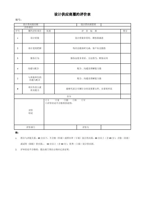 设计供应商履约评价表