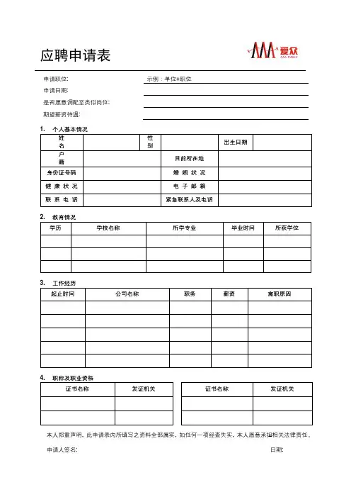应聘申请表【模板】