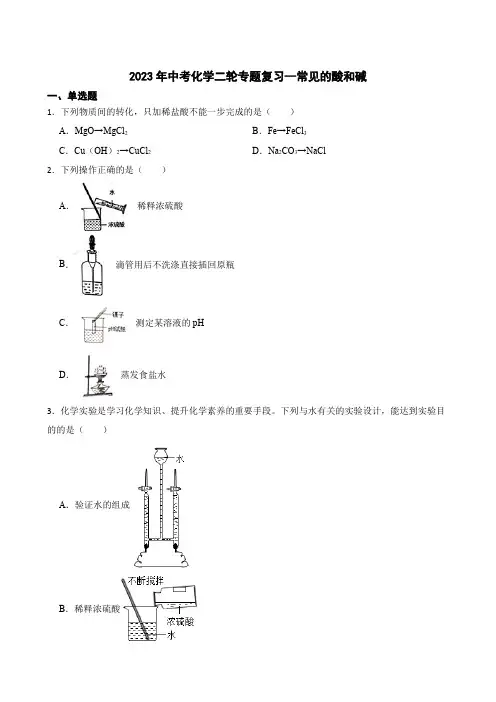 2023年中考化学二轮专题复习--常见的酸和碱