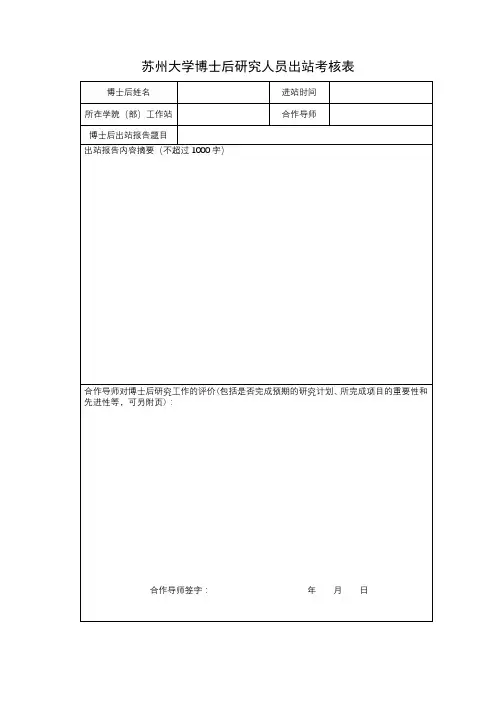 苏州大学博士后研究人员出站考核表【模板】
