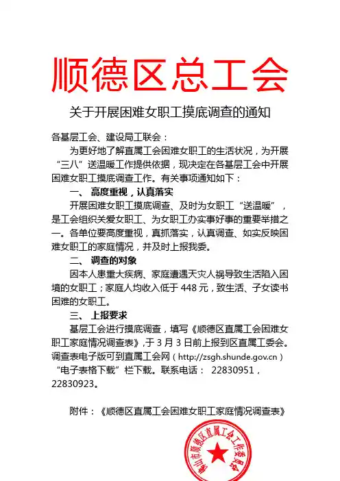 关于开展困难女职工摸底调查的通知
