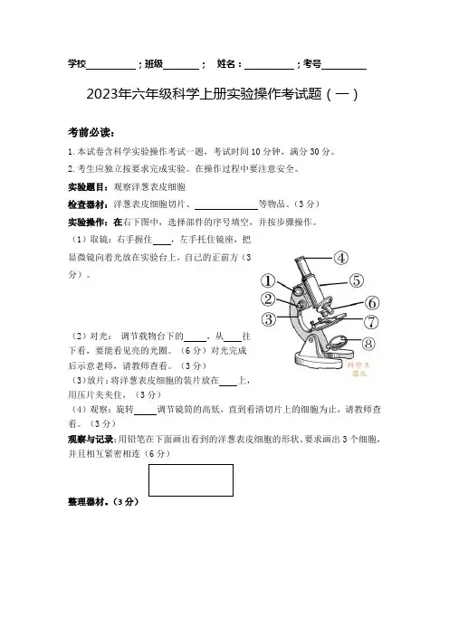 六年级上册科学实验学生考试题及教师评分标准