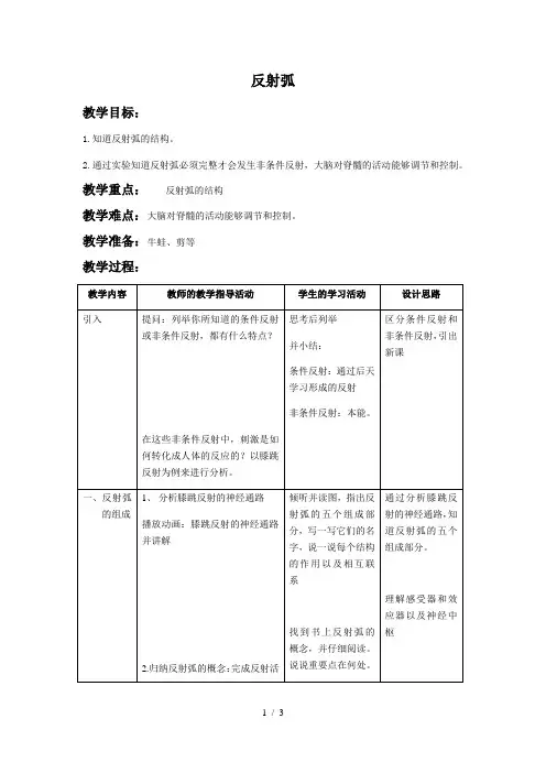 沪教版生物八年级第一册 2.1.4 反射弧 教案