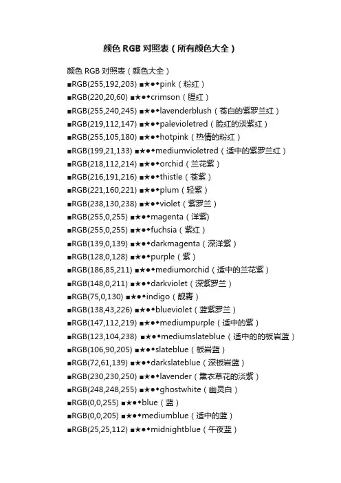 颜色RGB对照表（所有颜色大全）