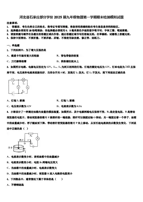 河北省石家庄部分学校2025届九年级物理第一学期期末检测模拟试题含解析