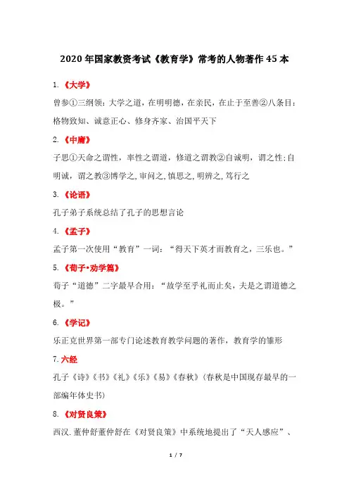 2020年国家教资考试《教育学》常考的人物著作45本