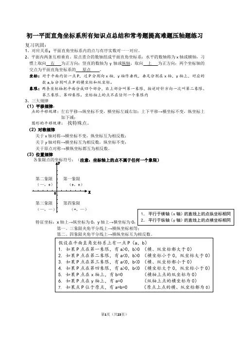 八、初一平面直角坐标系所有知识点总结和常考题提高难题压轴题练习(含答案解析)