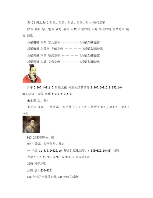 五代十国之五代(后梁、后唐、后晋、后汉、后周)历代皇帝