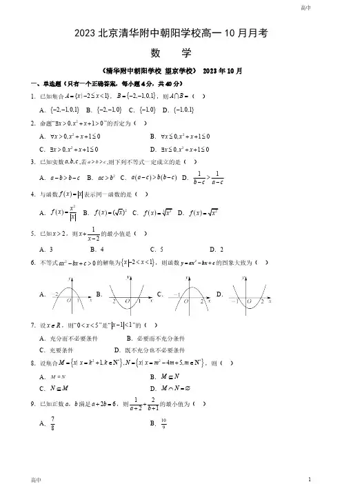 2023北京清华附中朝阳学校高一10月月考数学试卷和答案