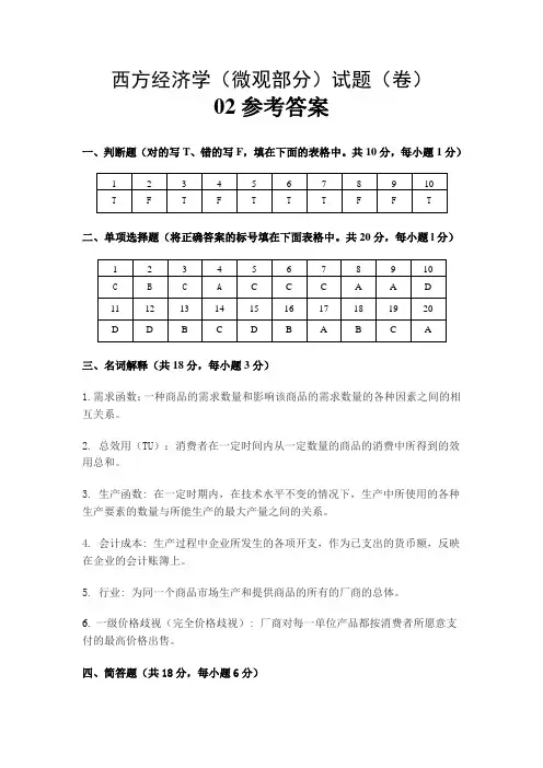西方经济学(微观部分)试卷02参考答案
