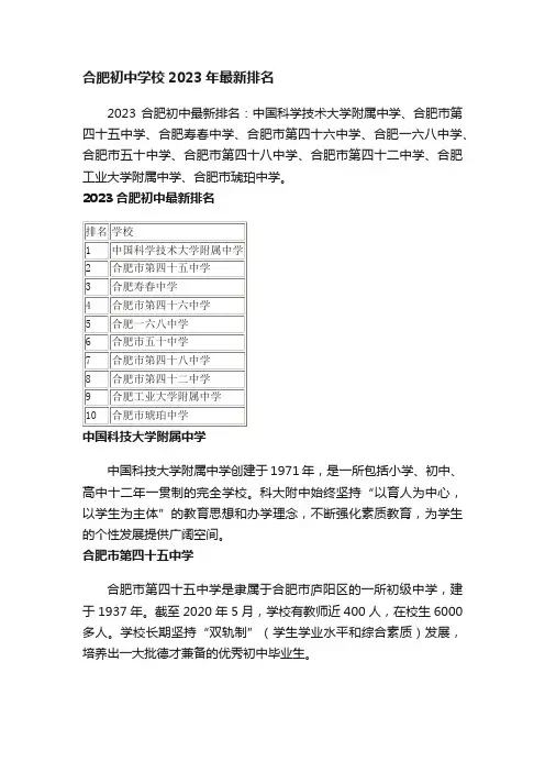 合肥初中学校2023年最新排名