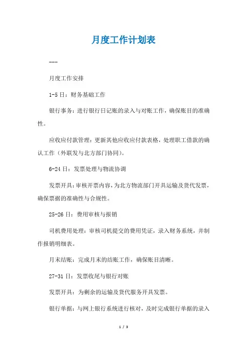 月度工作计划表
