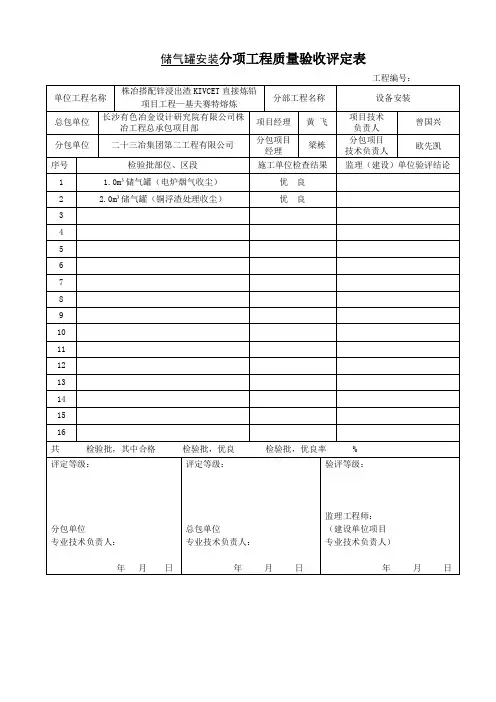 储气罐安装分项工程质量验收评定表