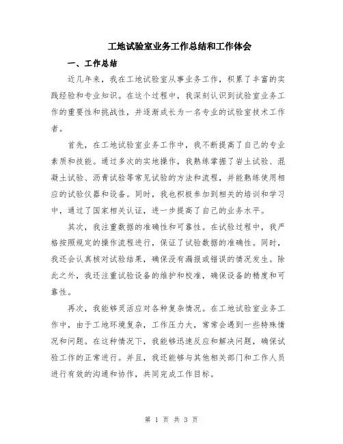 工地试验室业务工作总结和工作体会
