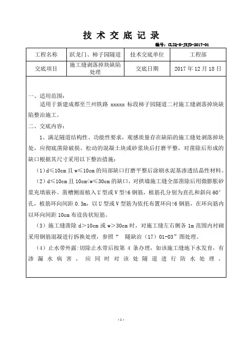 隧道二衬施工缝剥落掉块缺陷处理技术交底