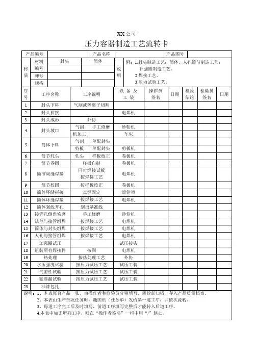 压力容器制造工艺流转卡