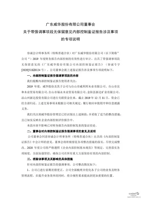 威华股份：董事会关于带强调事项段无保留意见内部控制鉴证报告涉及事项的专项说明