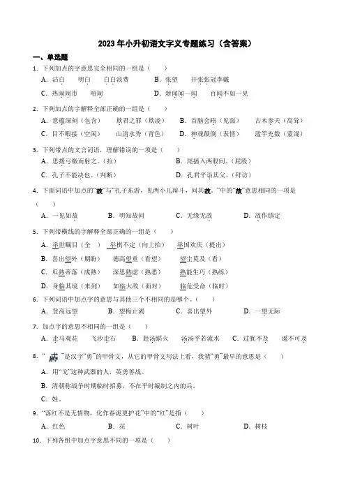 2023年小升初语文字义专题练习(含答案)