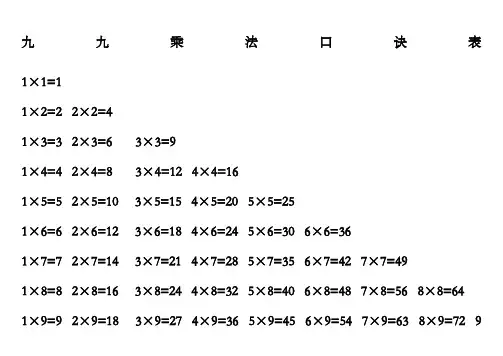 二年级上册九九乘法口诀表语文版和数学版)
