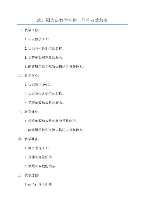 幼儿园大班数学身体上的单双数教案