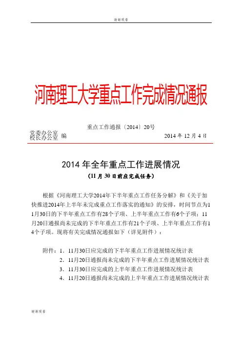 河南理工大学重点工作完成情况通报 2014年全年重点工作进展情况.doc