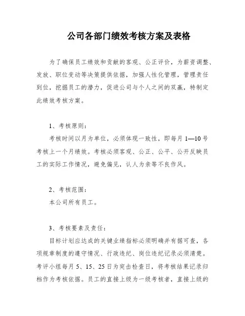 公司各部门绩效考核方案及表格